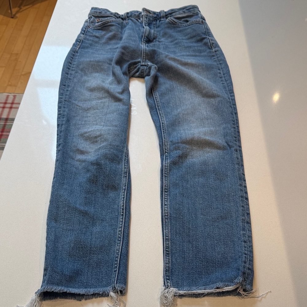 Topshop Moto High Rise Cropped Women's Blue Straight Leg Jeans, Size 26 - Picture 1 of 11